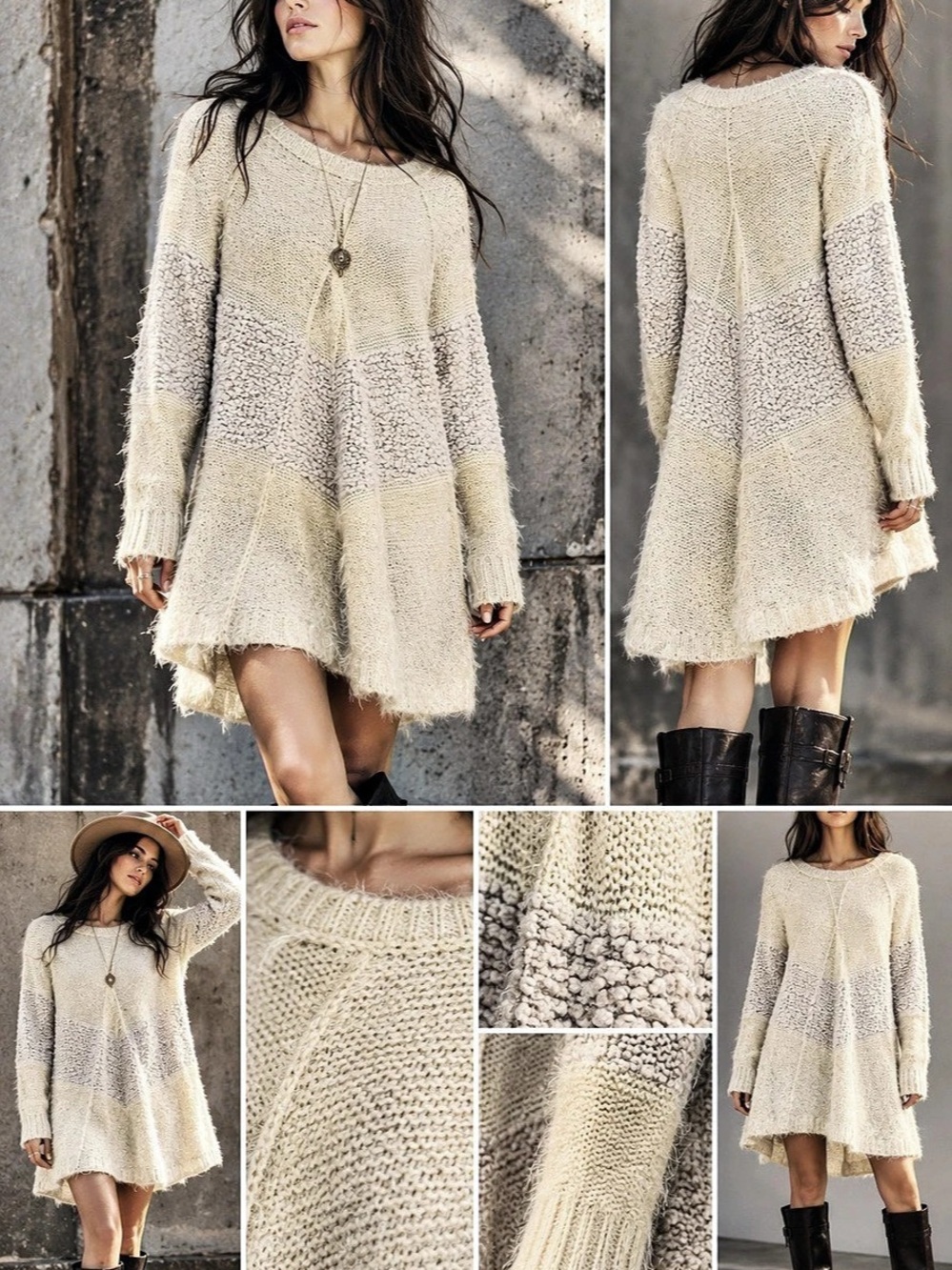 Lapis XL Oversized Fuzzy Colorblock Sweater Dress Tunic Ivory Oatmeal Boho